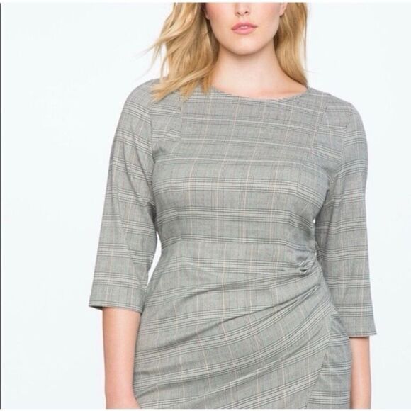 ELOQUII Faux Wrap Ruched Houndstooth Plaid Sheath Dress Grey/Black/White Size 14 - Picture 2 of 11